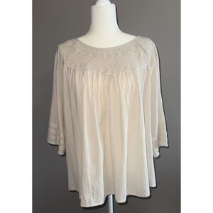 J Jill Smocked Embroidered Blouse Top‎ Flared Sleeve Ivory Peasant Relaxed Large